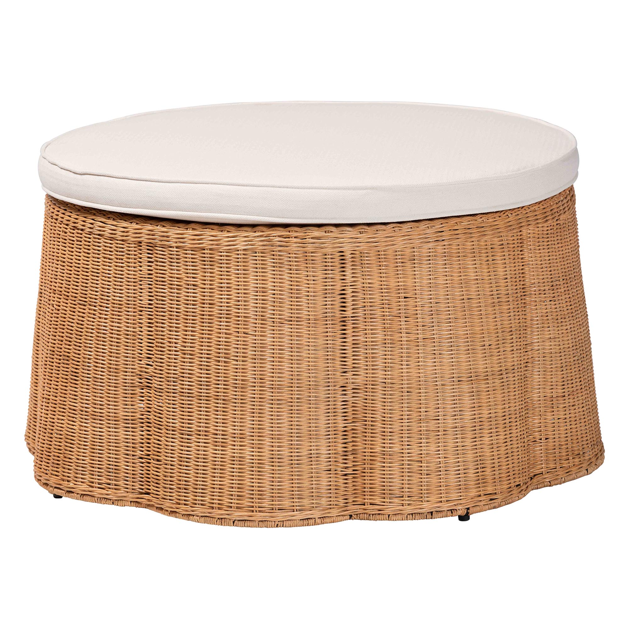 bali & pari Palm Scallop Natural Rattan Ottoman with Cushion - Handwoven Wicker Accent Stool or Footrest for Living Room, Bedroom, or Sunroom, Coastal Boho Style, 32" Round Affordable modern furniture in Chicago, classic living room furniture, modern ottoman, cheap ottoman